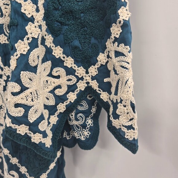 Kindred x Anthropologie Blue Woven Embroidered Asymmetrical Boho Blouse Small - Picture 8 of 11